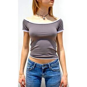 Subdued Boat Neck T-Shirt Short Sleeve Top Stretch Gray & White Size Small